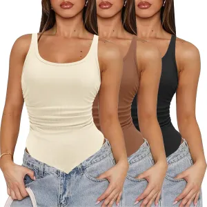 Zeagoo Ribbed Tank Tops for Women 3 Pack Sleeveless Scoop Neck Ruched Cute Summer Shirts
