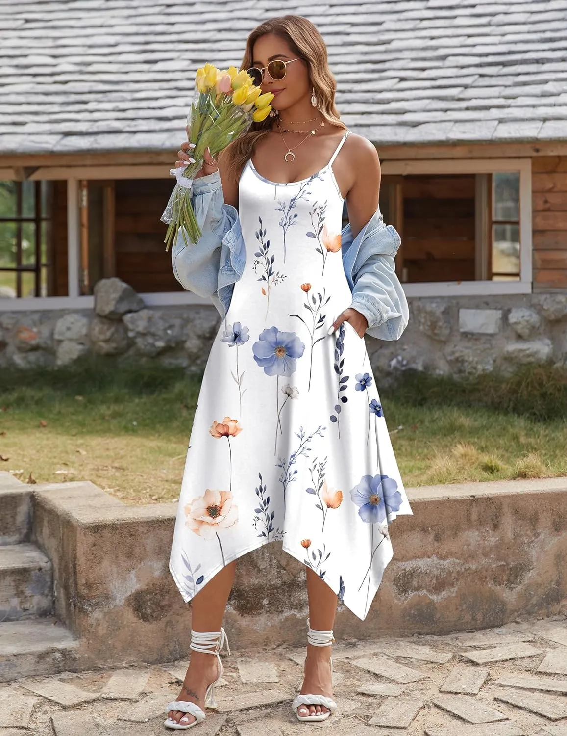 Zeagoo Women Summer Midi Dress 2025 Hawaiian Bohemian Beach Cover Up Dress Floral Spaghetti Strap Casual Dress with Pockets