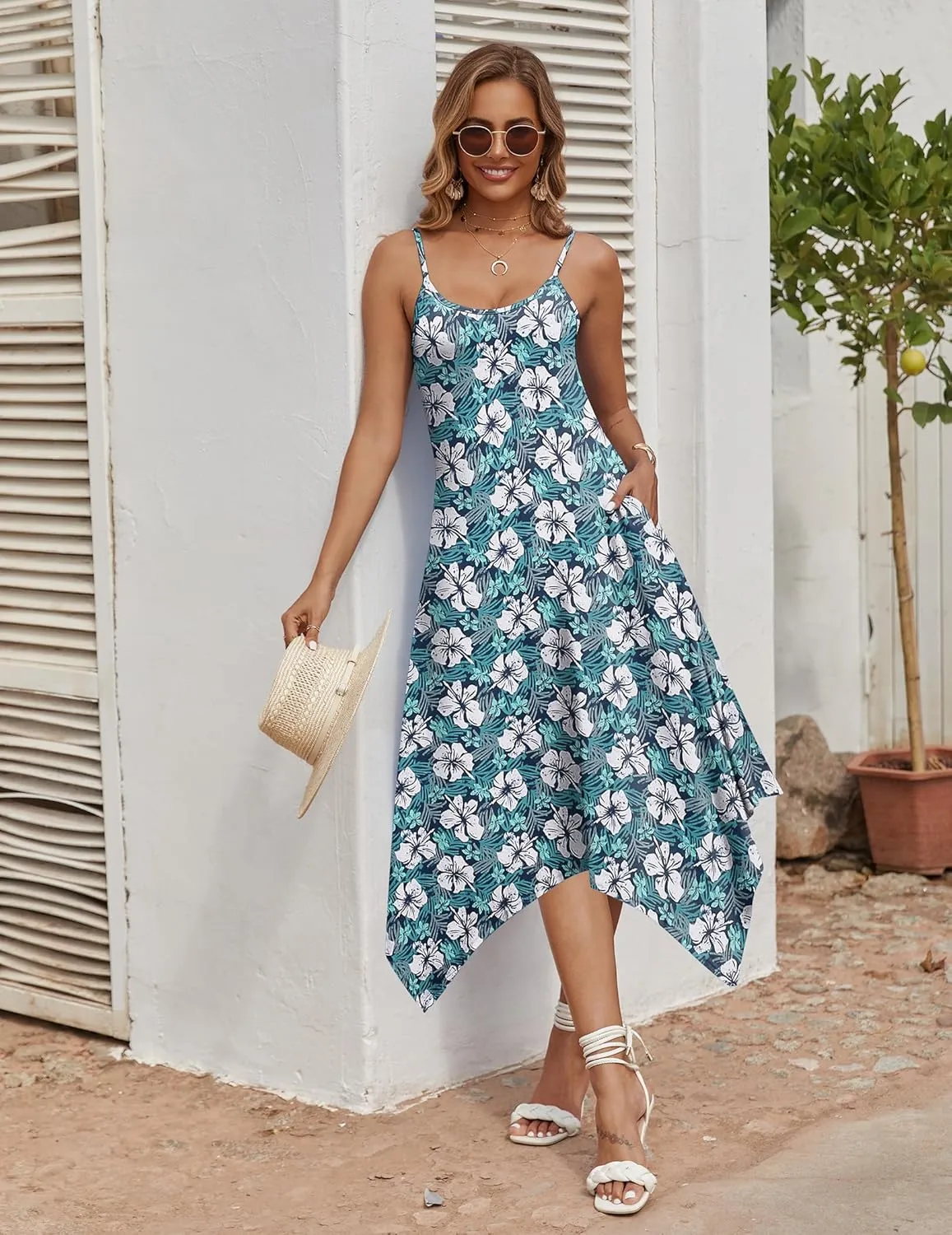 Zeagoo Women Summer Midi Dress 2025 Hawaiian Bohemian Beach Cover Up Dress Floral Spaghetti Strap Casual Dress with Pockets