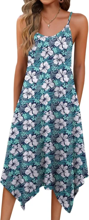 Zeagoo Women Summer Midi Dress 2025 Hawaiian Bohemian Beach Cover Up Dress Floral Spaghetti Strap Casual Dress with Pockets