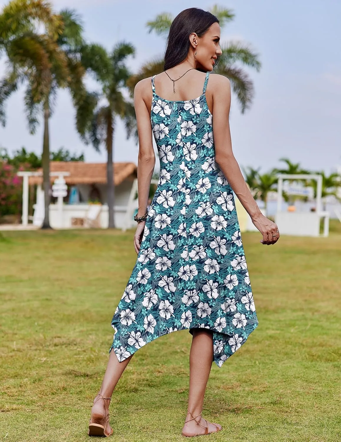 Zeagoo Women Summer Midi Dress 2025 Hawaiian Bohemian Beach Cover Up Dress Floral Spaghetti Strap Casual Dress with Pockets