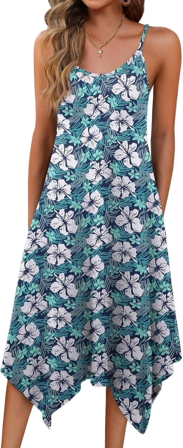 Zeagoo Women Summer Midi Dress 2025 Hawaiian Bohemian Beach Cover Up Dress Floral Spaghetti Strap Casual Dress with Pockets
