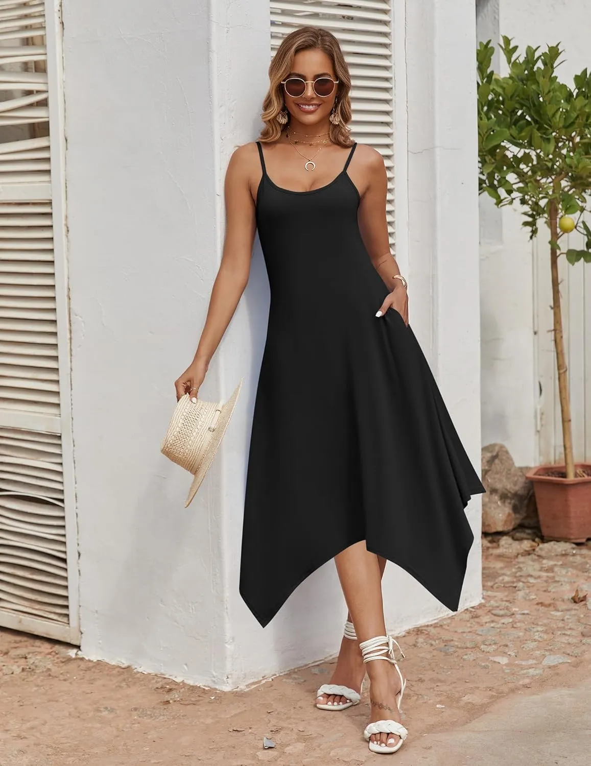 Zeagoo Women Summer Midi Dress 2025 Hawaiian Bohemian Beach Cover Up Dress Floral Spaghetti Strap Casual Dress with Pockets