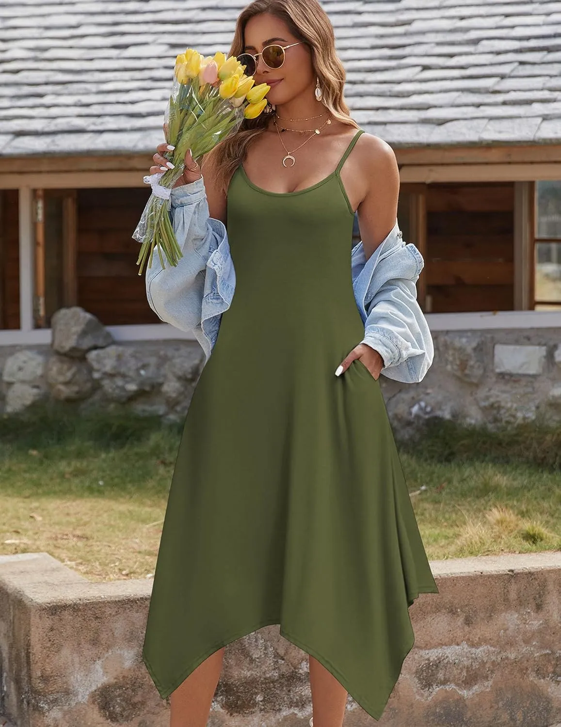 Zeagoo Women Summer Midi Dress 2025 Hawaiian Bohemian Beach Cover Up Dress Floral Spaghetti Strap Casual Dress with Pockets