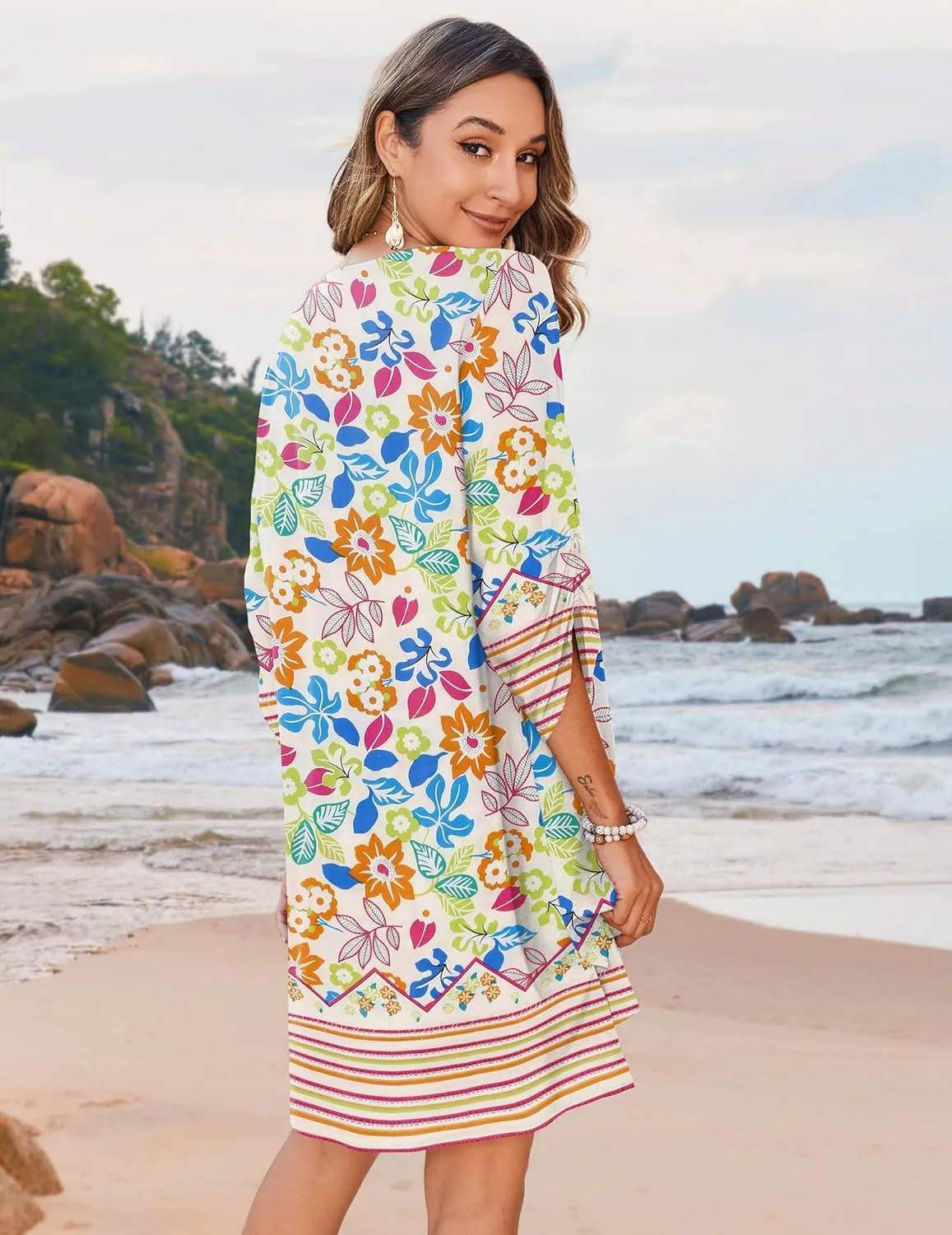 Zeagoo Womens Boho Dresses Casual Beach Summer Dress Tassel Tie Neck 3/4 Long Sleeve Mini Sundress 2025 Floral Print Cover Up
