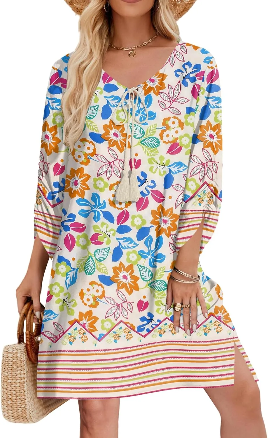 Zeagoo Womens Boho Dresses Casual Beach Summer Dress Tassel Tie Neck 3/4 Long Sleeve Mini Sundress 2025 Floral Print Cover Up