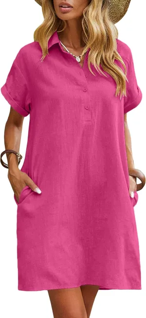 Zeagoo Womens Cotton Shirt Dress Summer Casual Short Sleeve Button Down Beach Cover Up Shirts with Pockets